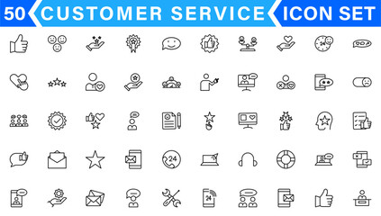 Fototapeta na wymiar Customer Service and Support - Outline Icon Collection. Thin Line Set contains such Icons as Online Help, Helpdesk, Quick Response, Feedback and more. Simple web icons set