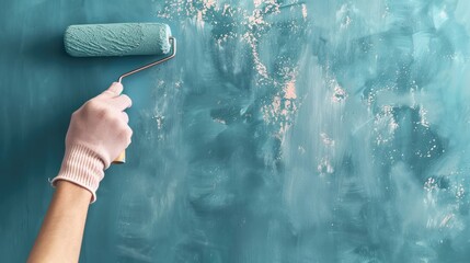 Close up of painter hand painting a wall with paint roller, Real estate, New home concept