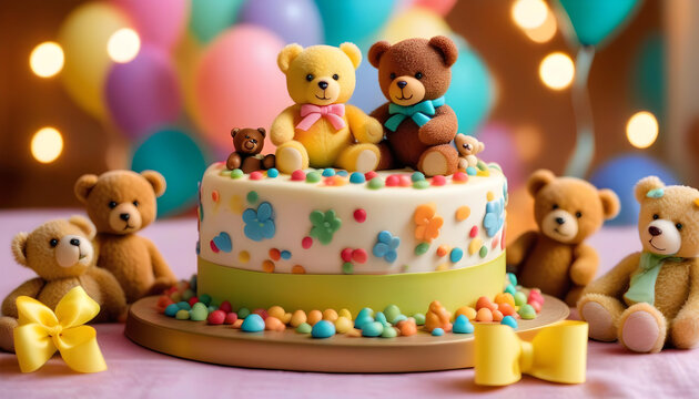 A close-up photo of a cake with teddy bear decorated dessert table with soft lighting.