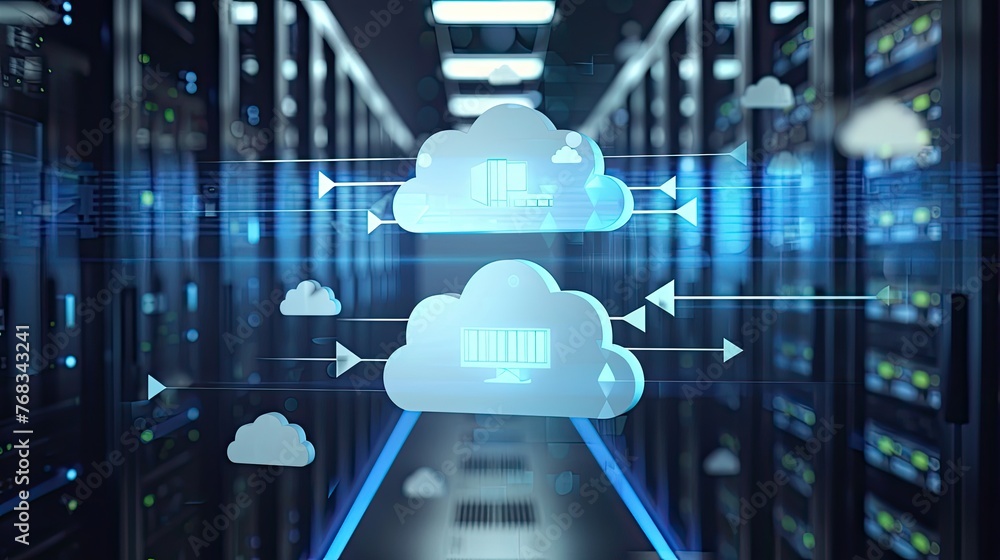 Aufkleber cloud storage technology, with arrows indicating data transfer for downloading and uploading files t