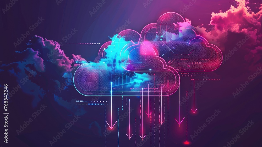 Aufkleber cloud storage technology, with arrows indicating data transfer for downloading and uploading files t