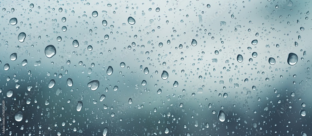 Poster rain drops on a window with a cloudy sky in the background create a mesmerizing view of water drople