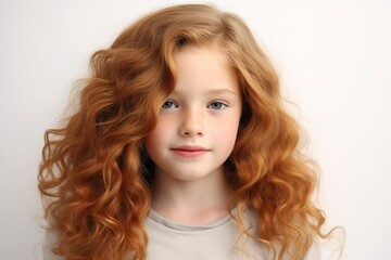 Portrait of a beautiful little girl with long curly red hair.