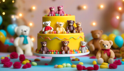 Obraz na płótnie Canvas A yellow cake decorated with a teddy bear on top in the dessert table with soft lighting.