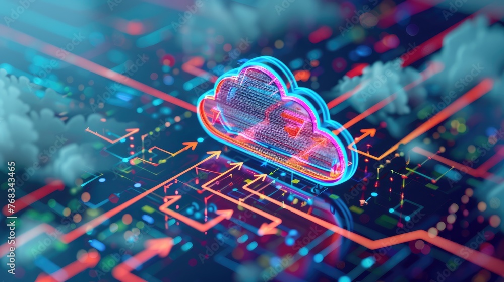 Aufkleber cloud storage technology, with arrows indicating data transfer for downloading and uploading files t