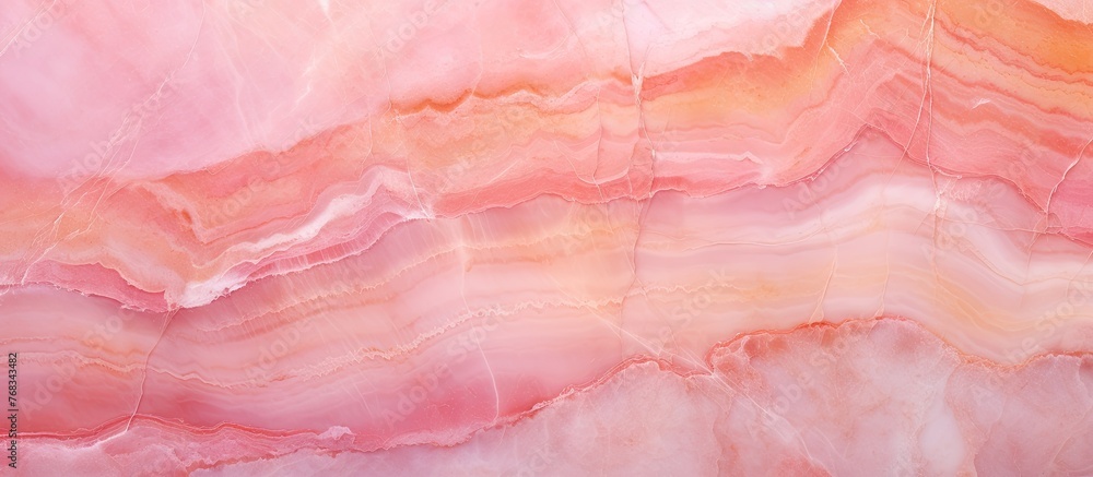 Poster close-up view of a pink marble with intricate patterns and textures, juxtaposed with a massive slab 