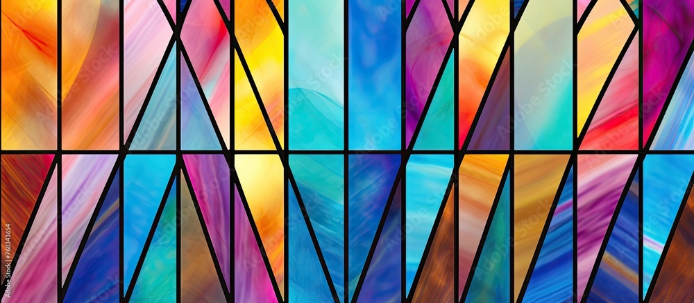 Poster a vibrant stained glass window featuring a symmetrical pattern of colorful triangles in shades of ma