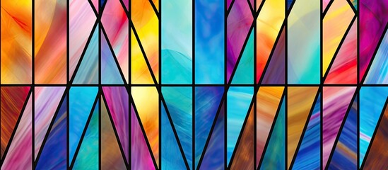 A vibrant stained glass window featuring a symmetrical pattern of colorful triangles in shades of magenta, creating an artistic and eyecatching display