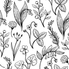 Seamless pattern whit line botanical elements. Outline vector contour illustration of wild forest plants, flowers and berries. - obrazy, fototapety, plakaty