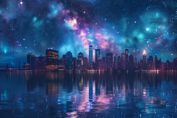 art, starry sky, Manhattan skyline, blue color scheme - obrazy, fototapety, plakaty
