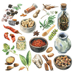 botanical illustration with plants chinese medicine and cosmetics