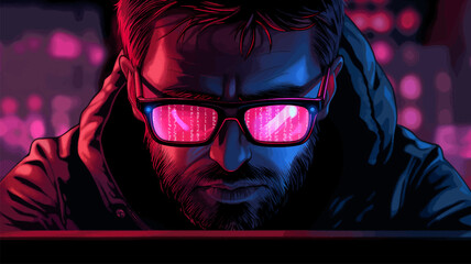 Hacker programmer software developer working on a laptop at night. Generative ai fictional character vector illustration. Pop art comic book style imitation. 