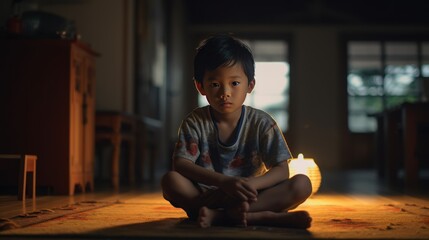 Chubby little Asian boy sitting alone after getting up from - obrazy, fototapety, plakaty