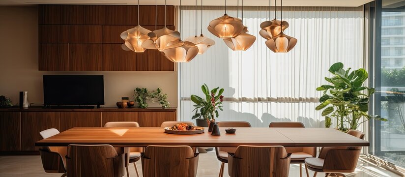 Table and chairs in a dining area with a TV screen in the background