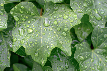Vibrant Close-Ups: Rain-Kissed Green Leaves in Spring Revival