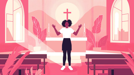 Mulher na igreja com cores rosa - Ilustração