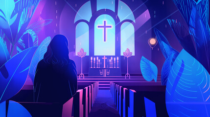 Mulher na igreja com cores roxo - Ilustração