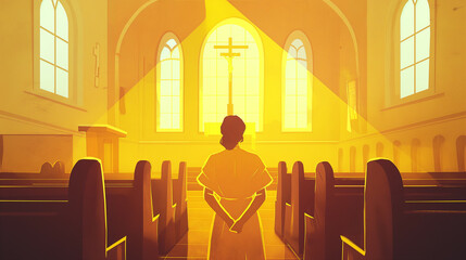 Mulher na igreja com cores amarelo - Ilustração - obrazy, fototapety, plakaty
