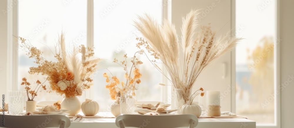 Poster two ceramic vases filled with dried plant stems resting on a wooden table, creating a simple rustic 