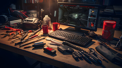 A computer on a table of a garage