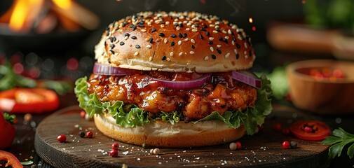 Delicious spicy fried chicken burger ads with burning fire on dark background