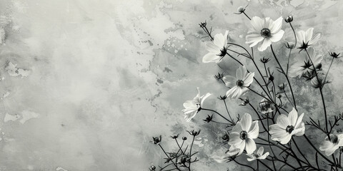 Black and white photo of flowers in a vase next to a grungy wall, creating a contrast of beauty and decay - obrazy, fototapety, plakaty