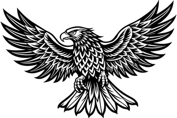 Eagle spreading its wing. Black and white vector.