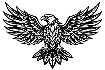 Eagle spreading its wing. Black and white vector.