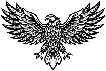 Fototapeta premium Eagle spreading its wing. Black and white vector.
