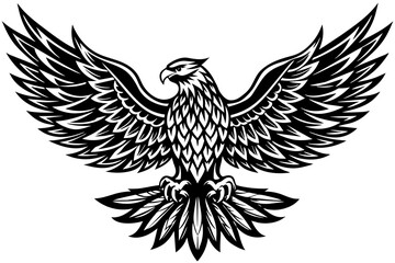 Eagle spreading its wing. Black and white vector.