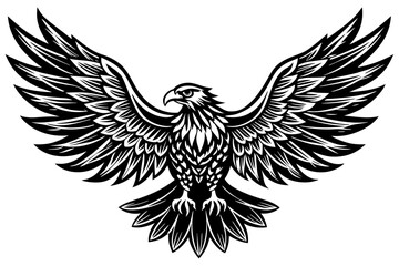 Eagle spreading its wing. Black and white vector.