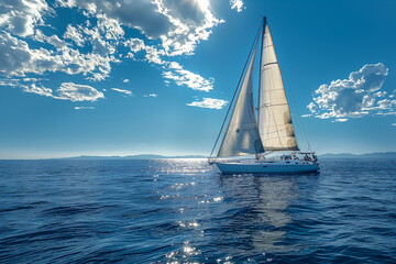 Sailing yacht in the open sea, sunny day with blue sky and clouds. Luxury sailboat travel on summer...