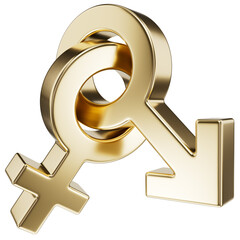 Hetero symbol in gold. 3d icon with metal texture. Heterosexual symbol isolated on transparent background. Male and female golden icons.