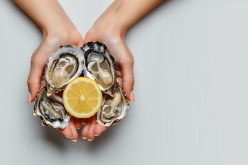 Hands holding open oysters isolated on white background. Fresh oysters with slice of lemon - obrazy, fototapety, plakaty