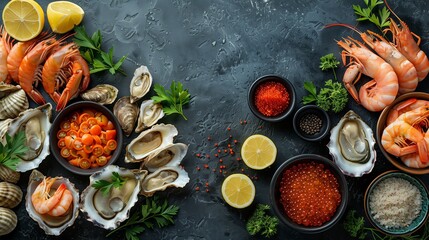 Clams, shrimp, red caviar, octopus, crustacean seafood with fresh lobsters, mussels, oysters as the background of a gourmet dinner in the ocean