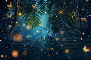 Fireflies in tropical forest with green leaves at night