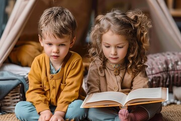 A young boy and girl sitting in front of a tent concentrating on a shared book inside a homely space