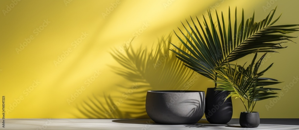 Poster close-up view of a pair of black pots containing green plants, creating a botanical display
