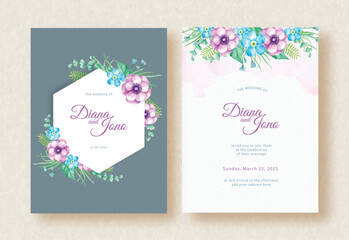 Wedding invitation card with hexagonal frame and floral watercolor arrangement