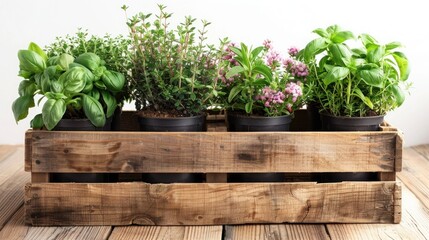 Assorted Culinary Herbs in Wooden Crate