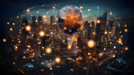 Fototapeta premium City connecting with each other with holographic digital nodes