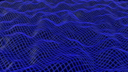 Abstract deep blue background of grid mesh, lines, waves geometric 3d rendered design template with copy space. Neon glowing colors. Technology, science, network, data digital futuristic concept.