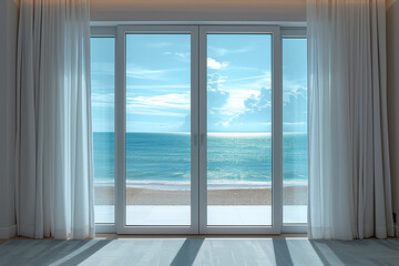 Panoramic windows in empty room with curtains with view on sea beach in sunny day.