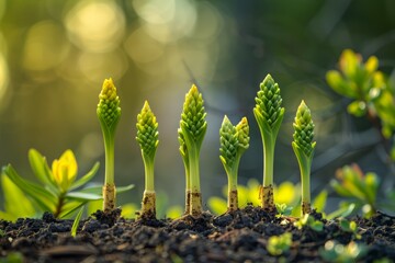 New Life Emerges in Nature as Series of Green Plant Sprouts Grow Progressively in Lush Environment - obrazy, fototapety, plakaty