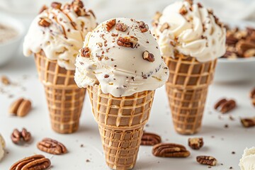 Butter pecan ice cream in waffle cones on light background