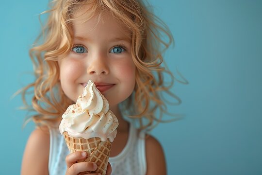 happy little girl eating ice cream in a waffle cone on blue background