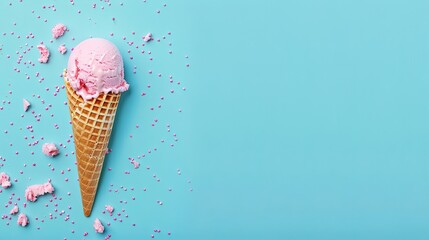 Ice cream cone close-up. Pink Icecream scoop in waffle cone over blue background.