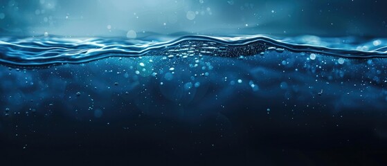 A serene image of deep dark blue water with gentle ripples and a scattering of tiny bubbles against a soft light gradient - obrazy, fototapety, plakaty