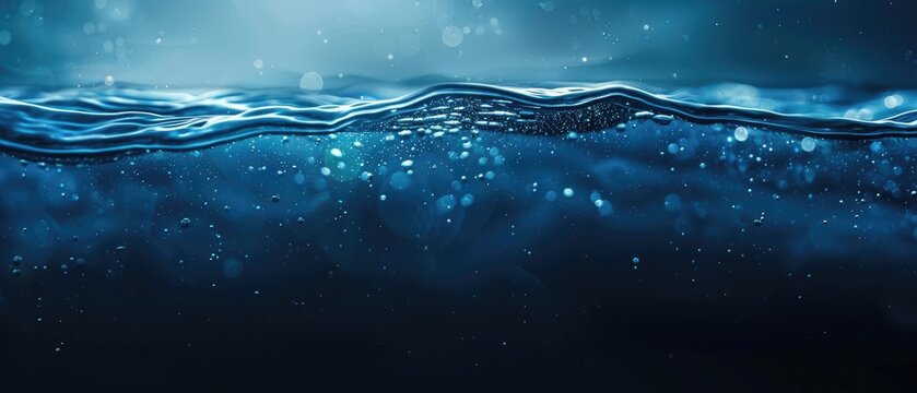 A serene image of deep dark blue water with gentle ripples and a scattering of tiny bubbles against a soft light gradient