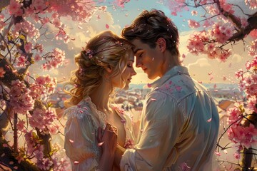 Romantic Couple Embracing Under Cherry Blossoms at Sunset, Love Concept, Valentine's Day Background, Spring Romance Scene with Blooming Flowers